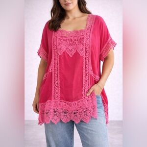 Johnny Was Pink Lace Trim Cupra Rayon Boho Tunic Top XXL